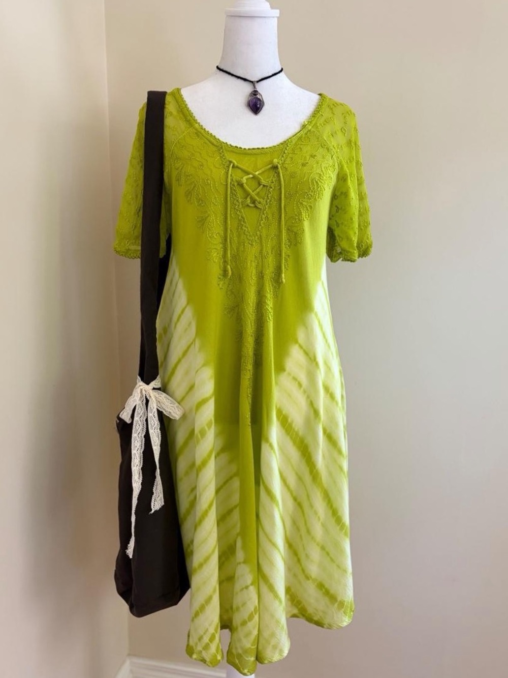 Vintage 90s boho fairy embroidered eyelet lace green midi dress beach coverup S